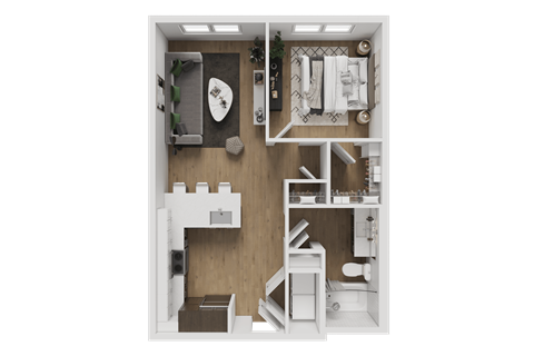 A small, neatly organized apartment with a bedroom, living room, and kitchen.